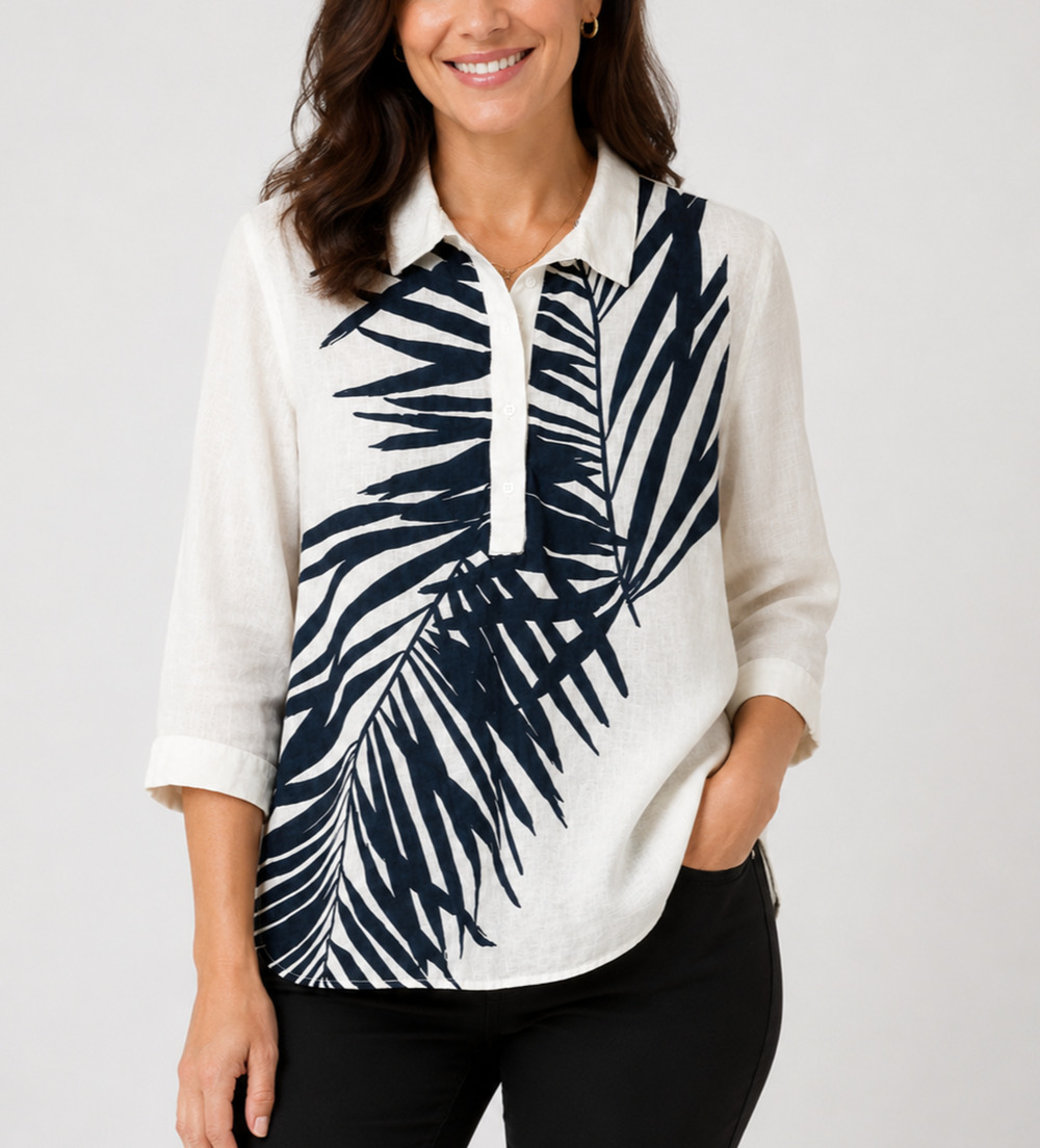 Chicos Linen Palm Print Tunic Women US 4 White Black Henley 3/4 Sleeve Resort